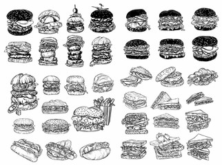 Raster fast food illustrations in the style of the sketch. Burgers, pizza, sandwiches, fries, burgers. High-quality detailed drawing of elements.