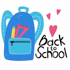 Back to school lettering. Phrase with school bag, hand drawn kids supplies flat cartoon vector isolated illustration for discount labels flyers and shopping, banner or poster