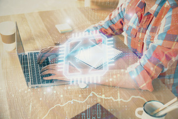 Businessman with computer background with technology theme hologram. Concept of big data. Double exposure.