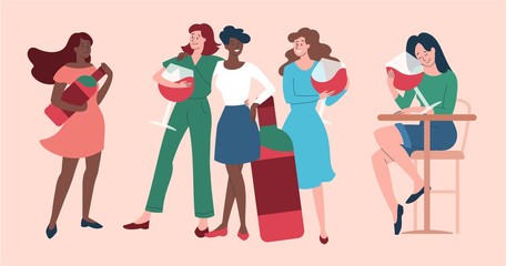 Wine concept with group of women friends enjoying a party drinking red wine from glasses and bottles, colored vector illustration