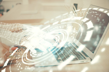 Businessman working on Laptop with technology theme drawing. Concept of big data. Double exposure.