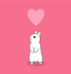 White cute little bunny with heart on pink background. Valentine's day illustration in vector