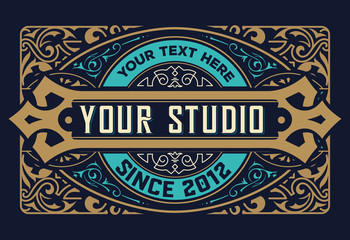 Tattoo logo template. Old lettering on dark background with floral ornaments.