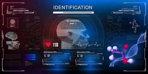 Scanning a person's face. Personal identification. Biochemical analysis of the brain. Technological biometric face recognition scanner in HUD, GUI, UI interface