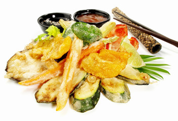 Vegetable Tempura with Soy and Dipping Sauce on white Background - Isolated