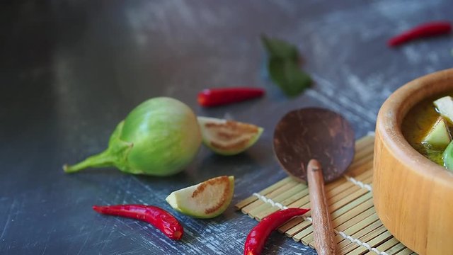 Chicken green curry with eggplant, Thai food.
