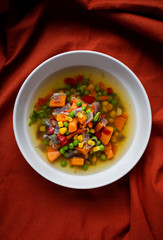 vegan vegetable soup on a red background