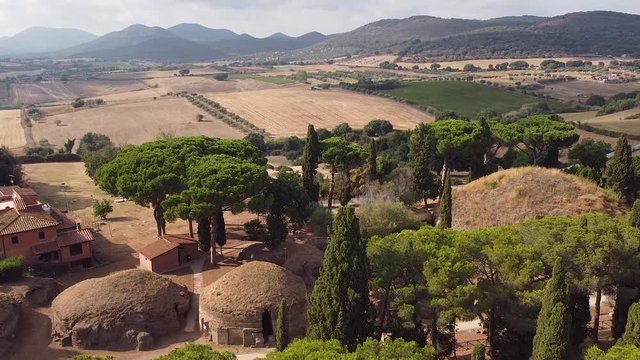 Great Tuscany landscape, etruscan, archeological site. Ancient tombs in banditaccia. Aerial view. Cervetery, Italy