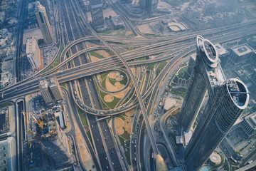 Amazing highway in Dubai. Birds eye aerial view of Sheikh Zayed Road during the day