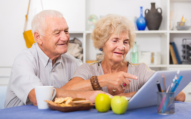 Happy elderly pair using laptop sitting at table at home.