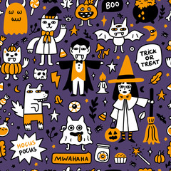 Halloween pattern with spooky characters and holiday attributes. It can be used for packaging, wrapping paper, textile, home decor etc. Graphic vector illustration.