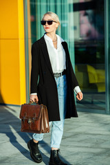 Portrait Of Successful Business Woman. Blonde european girl. Russian business lady. Hipster girl outfits.