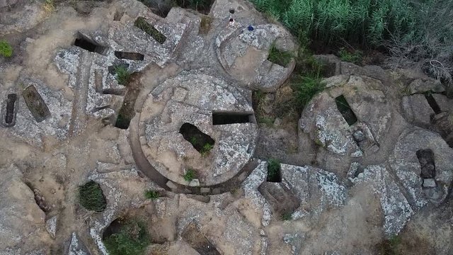 Archeological and necropolis site in Cerveteri. Geometrical top down view, Aerial view. Historical concept. History, archeological site. Etruscan, ancient civilization. Italy 