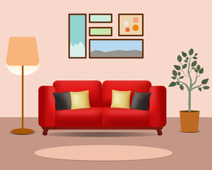 Living room interior with red sofa, floor lamp, flower and paintings. Home interior