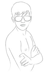 Sketch of a guy in sunglasses, portrait of a guy with a naked torso