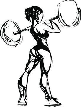 Squats, woman lifts big barbell, isolated vector silhouette.
