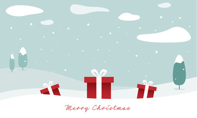 Fototapeta na wymiar Merry Christmas - Geschenkkarte, Winterlandschaft, Geschenke versunken im Schnee umgeben von abstrakten Tannenbäumen, Banner 