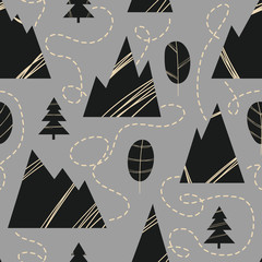 Seamless pattern with mountains, trees and leaves in scandinavian style.