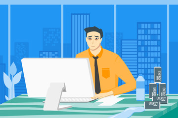 Sleepy Tired Man Work in Front of Computer Inside Company Office with Low Energy Level Until Late Night Illustration Vector. Can be Used for Digital and Print Infographic.