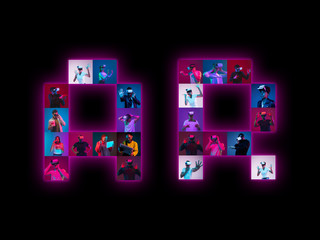 Collage of portraits of 14 young emotional people on multicolored background in neon light making AR lettering. Concept of modern technologies, social media, connection, gaming, online, interactive.