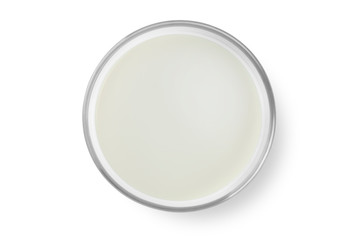 Top view of fresh milk in glass isolated on white background with clipping path.