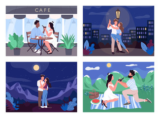 Romantic activity flat color vector illustration set. Man propose to woman. Lovers in cafe. Dance in midnight. Couples 2D cartoon characters with landscape on background collection