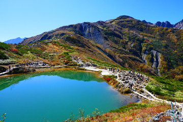 Fototapeta na wymiar 中部山岳国立公園、秋の八方池。白馬、長野、日本。10月上旬。