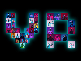 Collage of portraits of 17 young emotional people on multicolored background in neon light making VR lettering. Concept of modern technologies, virtual reality, connection, gaming, online, interactive