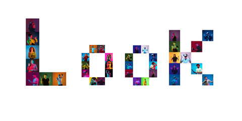 Collage of portraits of 18 young emotional people on multicolored background in neon light making LOOK lettering. Concept of modern technologies, television, connection, gaming, online, interactive.