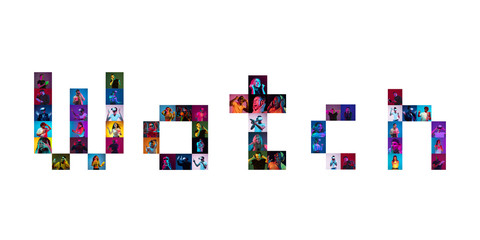 Collage of portraits of 22 young emotional people on multicolored background in neon light making WATCH lettering. Concept of modern technologies, television, connection, gaming, online, interactive.