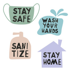 Coronavirus Covid-19 hand-lettered icon set. Stay home, stay safe, wash your hands, sanitize.