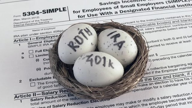 Conceptual composition. Pension savings. Individual retirement account. Three eggs with the inscriptions IRA, 401k, Roth lie in the nest against the background of the 5304-SIMPLE form. Close-up