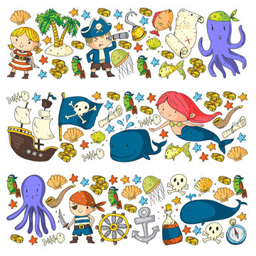 Vector pirate set in cartoon style. Sweet card with pirates, ship, whale, crab, octopus, mermaid, rum, anchor, treasure, fish, island and parrot.