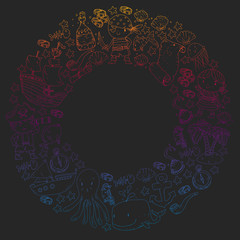 Vector pirate set in cartoon style. Sweet card with pirates, ship, whale, crab, octopus, mermaid, rum, anchor, treasure, fish, island and parrot.