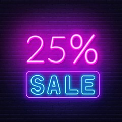 25 percent sale neon sign. Discount. Vector illustration