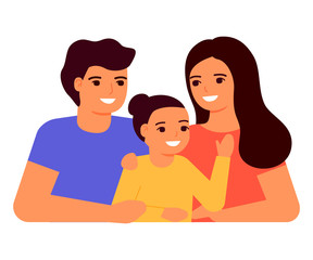 Happy young family mother, father and daughter. Family communication together. Vector flat