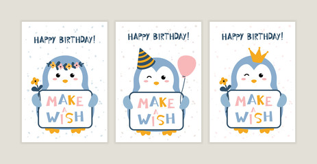 Set of birthday greeting cards design. Fun festive postcard with cute penguin and hand drawn lettering © metel_m