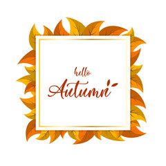 Hello Autumn lettering on the square banner card with autumn orange yellow leaves. Vector illustration