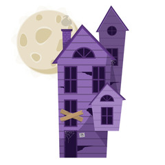 Cartoon haunted poorple wooden witch house with big moon. vector illustration for Halloween holiday