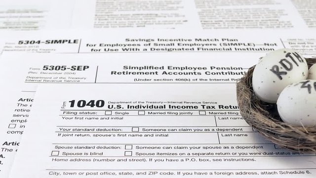 Conceptual composition. Pension savings. Individual retirement account. Three eggs with the inscriptions IRA, 401k, Roth lie in the nest against the background of the 1040, 5305-SEP, 5304-SIMPLE forms
