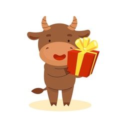 Cute little bull with a gift box in his hands. Happy New Year. Chinese new year symbol.Christmas card. 2021 year. Flat vector cartoon illustration isolated on white background