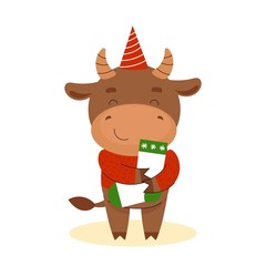 A cute little bull is skating on ice. Happy New Year. Chinese new year symbol.Christmas card. 2021 year. Flat vector cartoon illustration isolated on white background