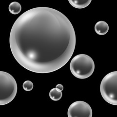 Seamless pattern of realistic transparent soap bubbles on black dark isolated background. 