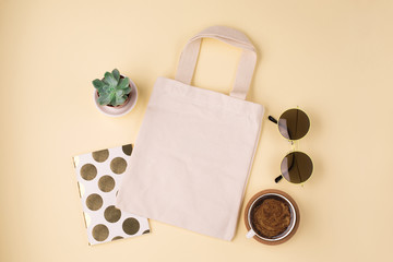 Empty eco shopping bag. Flat layout.