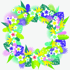 Colorful floral frame with tropical flowers and leaves. Tropical background - vector illustration.