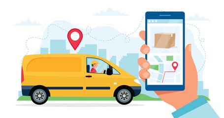 Delivery service concept, courier character riding yellow delivery car, hand holding smartphone with location. illustration in flat style
