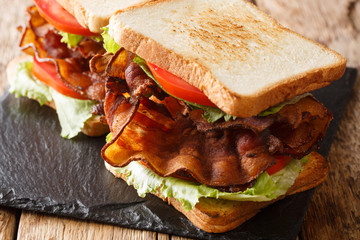 Popular American appetizer blt sandwiches with crispy bacon, fresh salad and tomatoes close-up on a slate board. horizontal