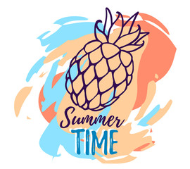 Vector illustration of juicy pineapple with text on bright background.