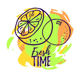 Vector illustration of juicy citrus fruit with text on bright green and orange background.