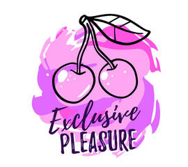 Vector illustration of tasty two cherry with leaf and text on color background.